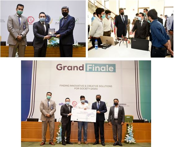 Figure 1: Prize distribution at FICS 2021 with Mr. Sardar Yasir Illyas Khan, AVM Dr. Rizwan Riaz and Director I&C Mr. Hassan Ali Syed.