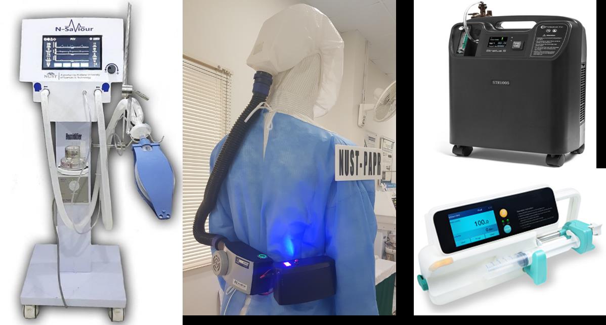 Figure 11: Some of the devices that will be manufactured and commercialized by the Electromedical plant include; Left: N-Savior (mechanical ventilator), Middle: NUST-PAPR (Powered Air Purifying Respirator), Top Right: Oxygen concentrator, Bottom Right: Syringe pump