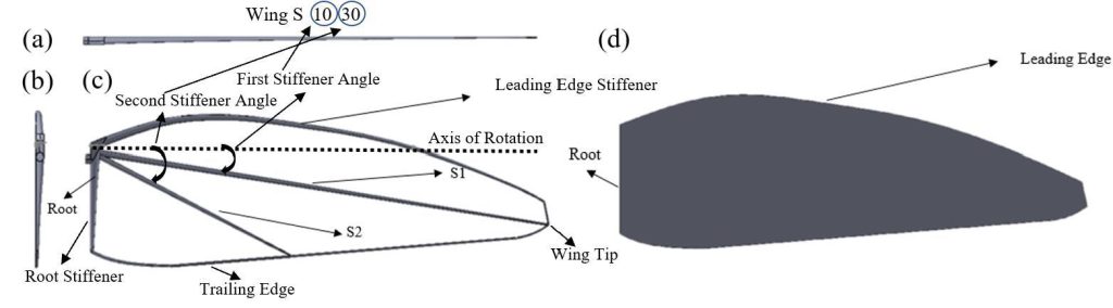 Figure 2: Stiffener’s design for Wing S1030 by using the Combes data; (a) top-view, (b) side-view, (c) front-view with the positioning of the leading-edge stiffener, root stiffener, and two surface stiffeners on the humming-like wing and (d) wing membrane design with a thickness of 0.15 mm