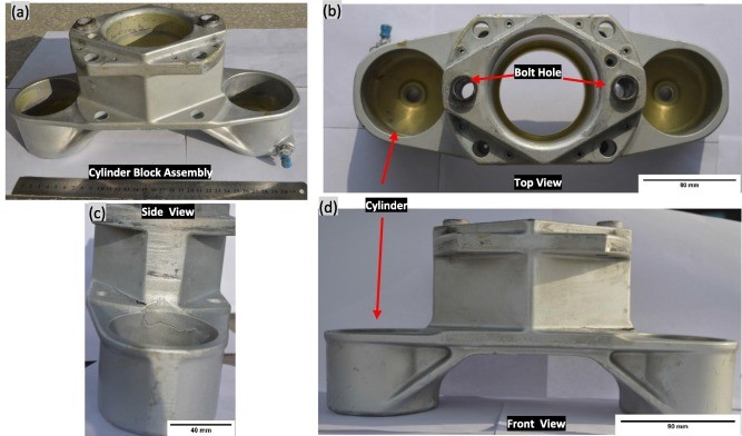 Fig. 3. Various views of the cylinder block assembly after dismantling the brake unit (a) isometric view, (b) top view, (c) side view, (d) front view