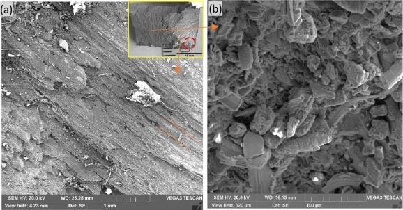 Fig. 8. Upper fractured surface (a) similar to Fig. 7 the beach marks are visible at lower magnification as shown by parallel lines (b) representative images of area indicated from the inset image at higher magnification shows no dimples