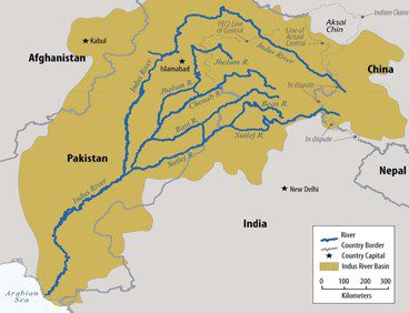 Figure 2. The map showing five rivers of Punjab running across Pakistan and India