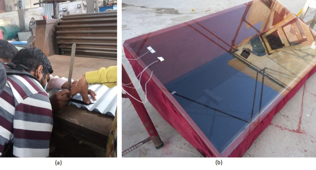 Figure 2. (a) Corrugated sheet being inspected for compliance at a metal-forming market in Karachi. (b) Testing of advanced solar-still at roof-top