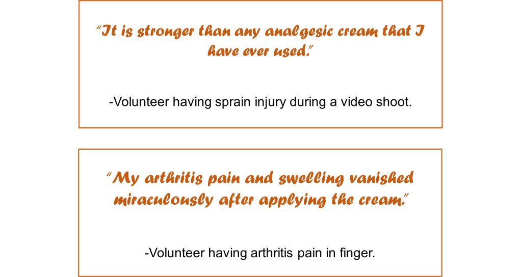 Figure 2: Feedback shared by the volunteers who applied the Rapid Pain-relieving Formulation Developed by NUST for managing their acute musculoskeletal and arthritis pain