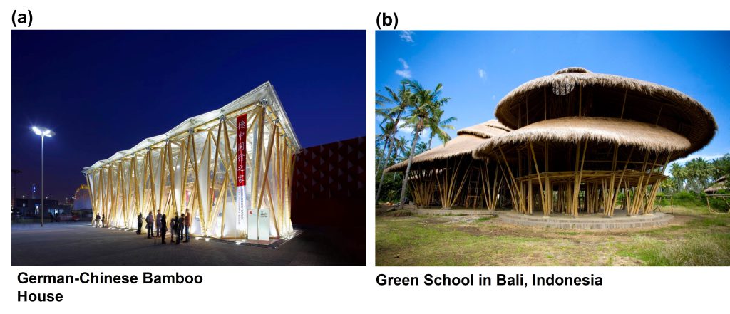Figure 1: (a) German-Chinese Bamboo House at Shanghai World Expo in 2010 (Minke, 2016), (b) Green School in Bali, Indonesia (Karsono et al., 2020)