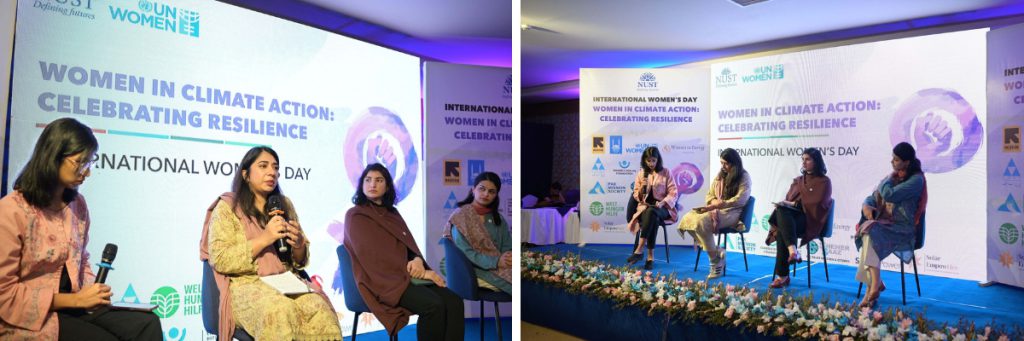 Figure 2: A panel discussion, featuring Anam Rathore from GIZ, Maha Kamal from Women in Energy, and Zahra Babar from Islamic Relief Worldwide, explored the ideas on how to bridge women can bridge in present climate action leadership