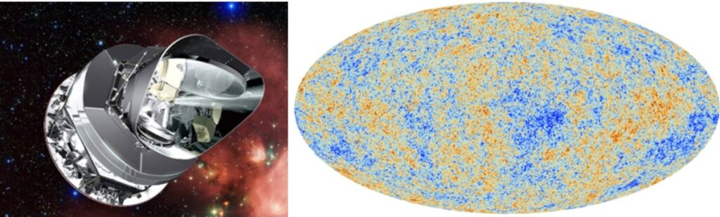 Figure 1: Planck satellite launched on 3 July 2009. The obtained CMB map from the Planck data that is used to study the matter and energy content in the Universe