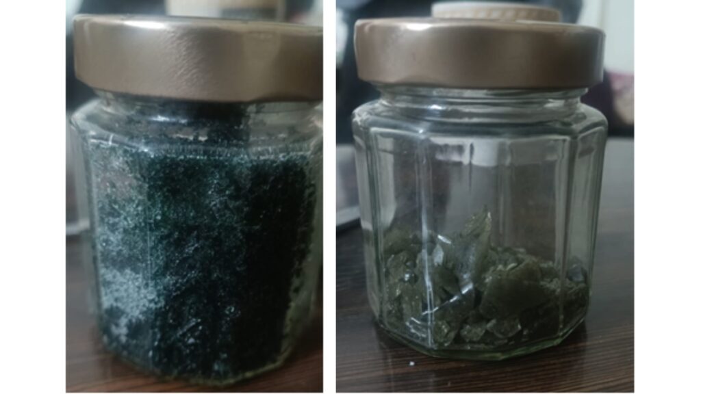 Figure 3: Bottle on right containing Spirulina candy and bottle on left containing Chlorella candy