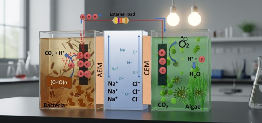 Figure 1: Schematic diagram of a Photosynthetic Microbial Desalination Cell (PMDC) showing how bacteria and algae work together to generate electricity, treat wastewater and desalinate sea water