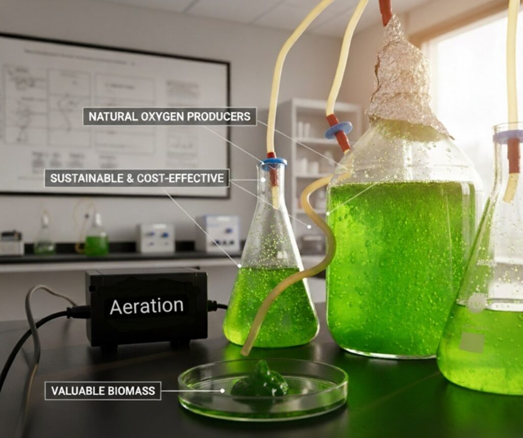 Figure 2: The Multifaceted Benefits of Microalgae, being a sustainable and cost-effective solution for bio-electrochemical systems as a source of oxygen and valuable biomass
