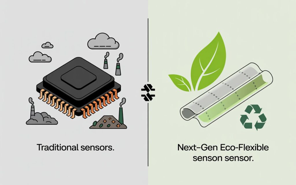 Figure 2: Traditional sensors (left) are often rigid and resource-intensive. The challenge is developing eco-friendly, flexible electronics (right) for ubiquitous sensing