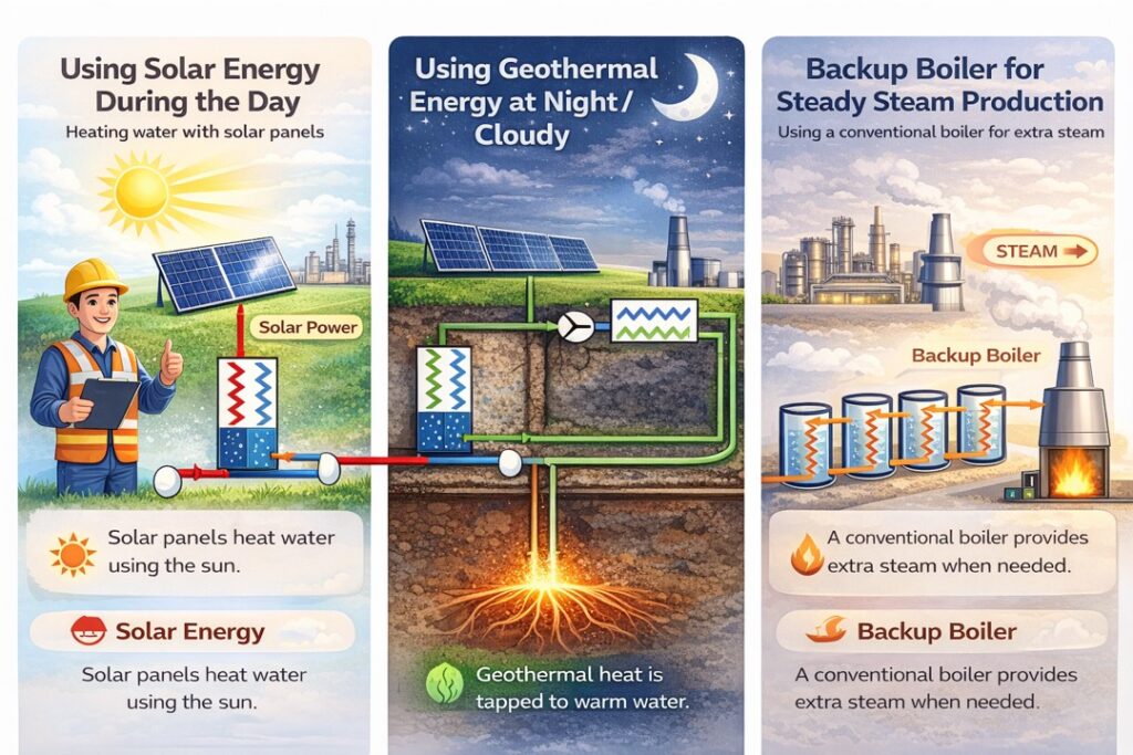 Figure 1: Solar-geothermal hybrid heating system integrates with boiler to generate steam